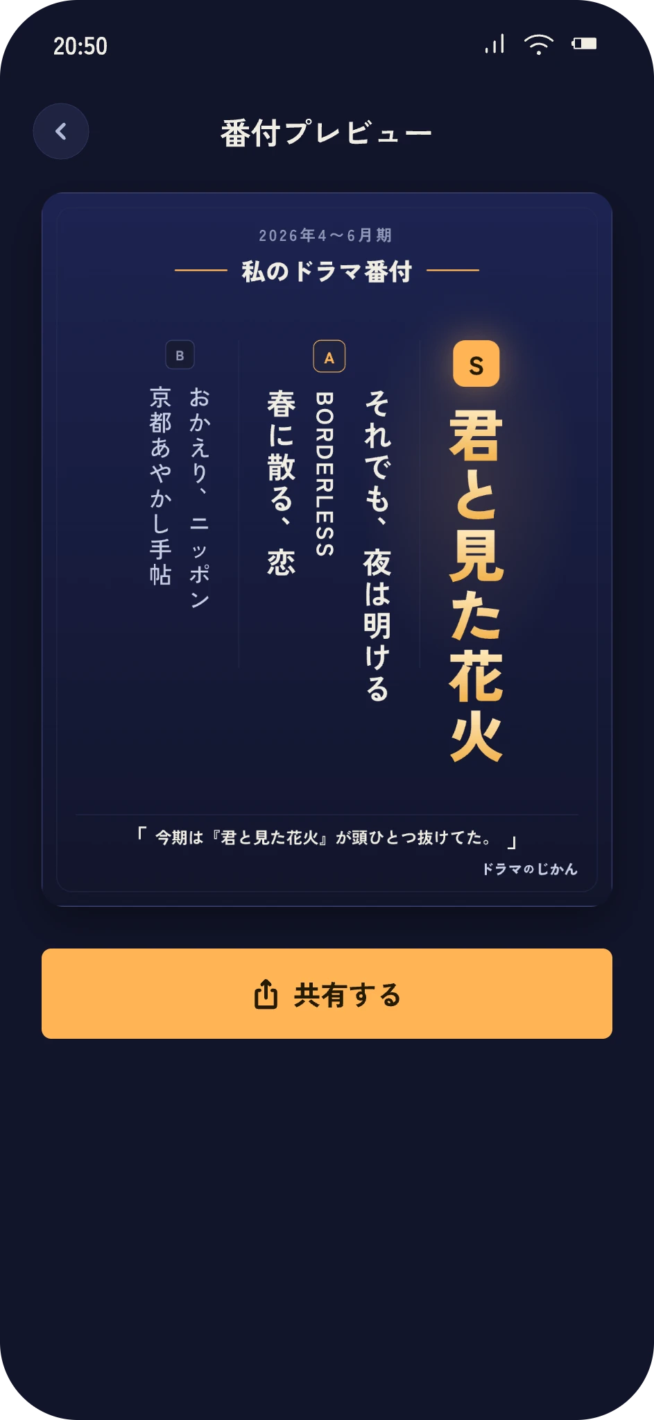 番付プレビュー画面。今期観たドラマをS・A・Bにランク付けし、ひとことを添えて共有できる