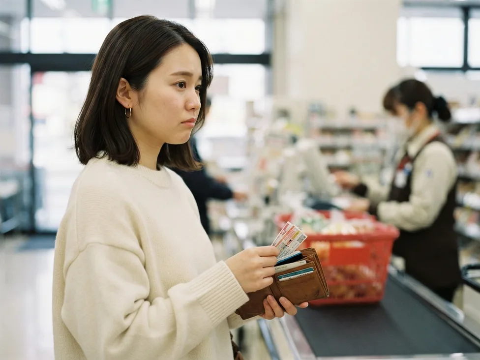 スーパーのレジ前で、財布からクーポンを探す人